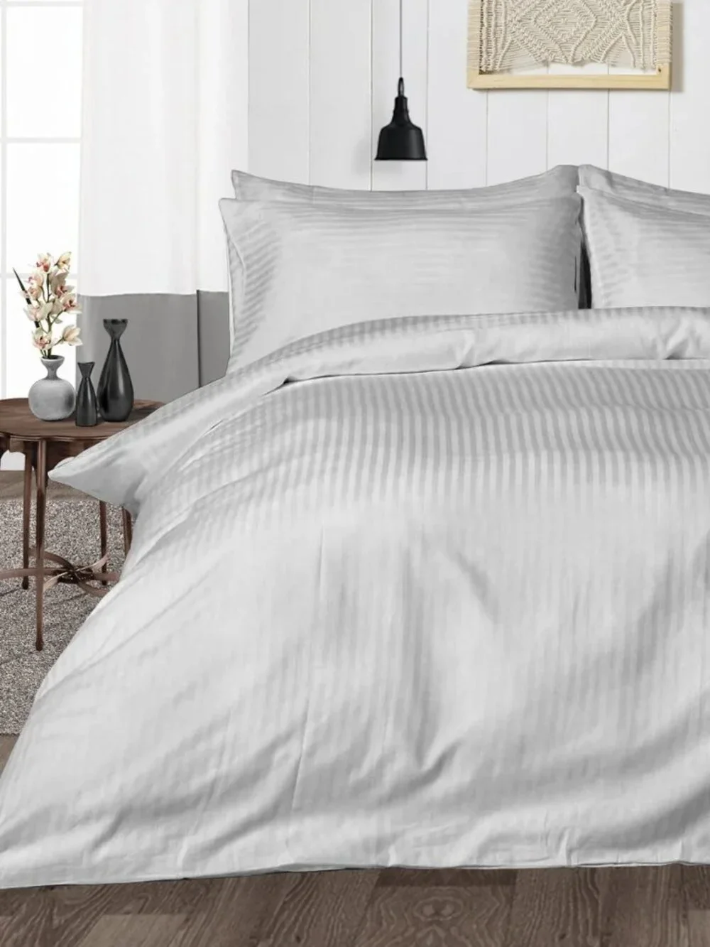 Settle In Home 525 TC Cooling Cotton Duvet Set King Sz White Damask Stripe